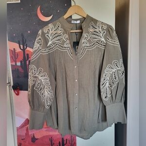 Sage Green button down with wide sleeves and laser cut embroidery